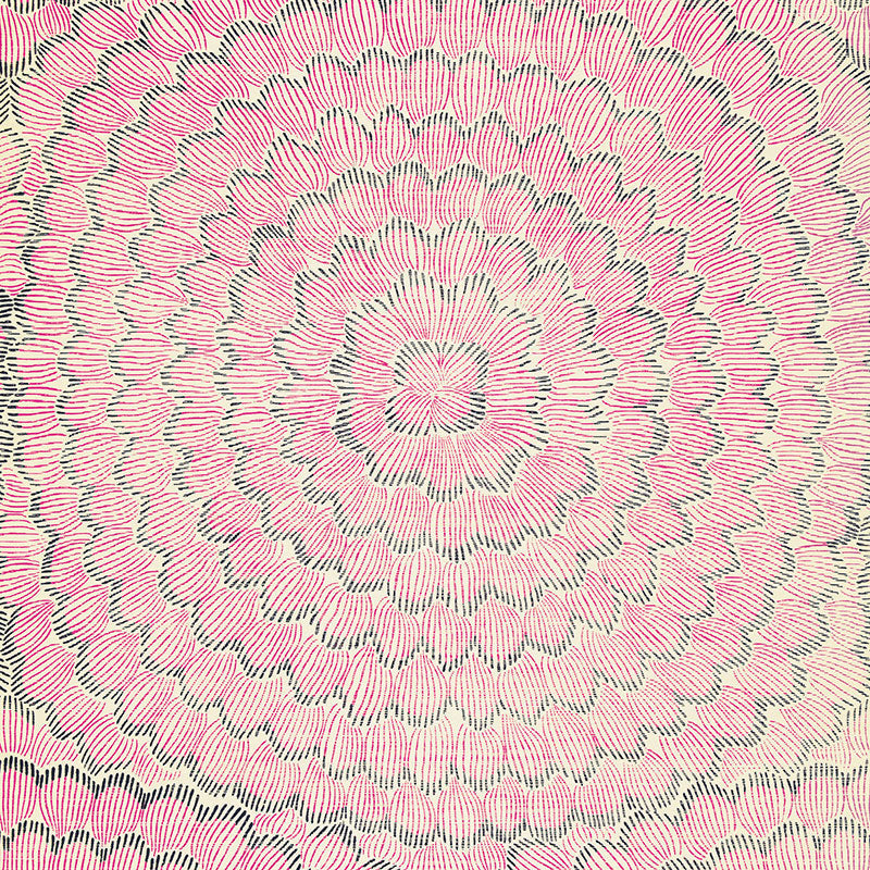 Feather Bloom Sisal wallpaper in Fuchsia & Jet by Celerie Kemble for Schumacher, featuring overscale blossoms in a radiating pattern on a natural sisal ground.