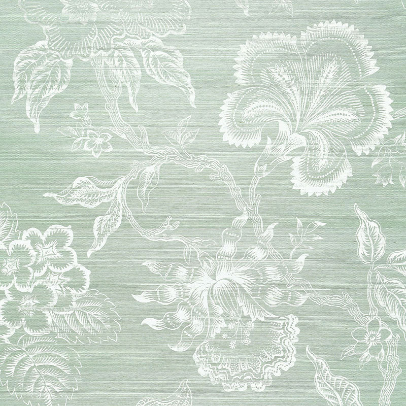 Hothouse Flowers Sisal wallpaper in Seaglass & Chalk by Celerie Kemble for Schumacher, featuring a hand-screened botanical floral design on a textured background.