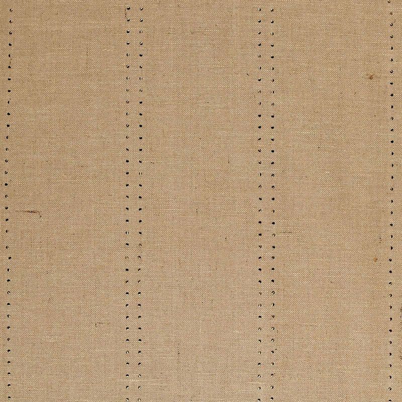Stud Stripe wallpaper in Natural / Bronze by Celerie Kemble for Schumacher, featuring metallic nailhead stripes on a jute burlap ground.