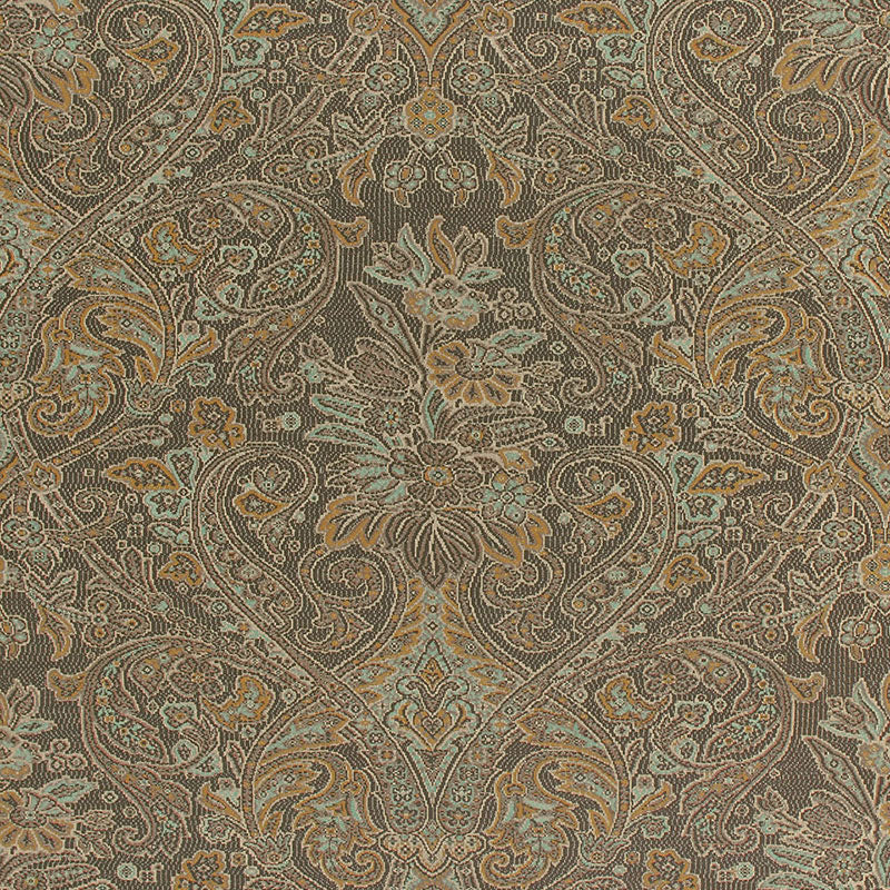 Sinclair Paisley wallpaper in Java by Schumacher, featuring an intricate paisley pattern in brown and gold tones.