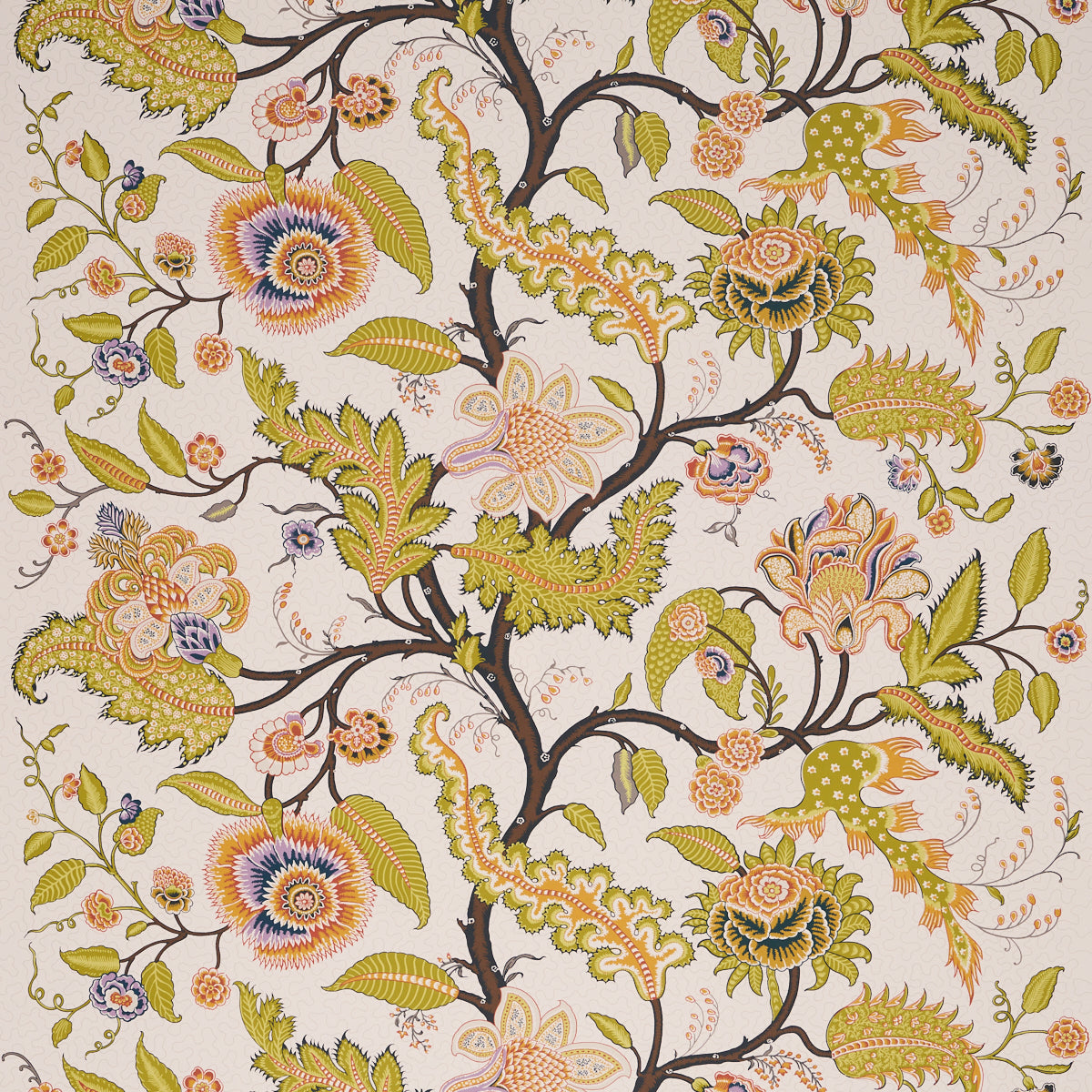 Sinhala Sidewall wallpaper in Bittersweet by Schumacher, featuring a vibrant botanical and floral pattern with intricate vines and leaves.