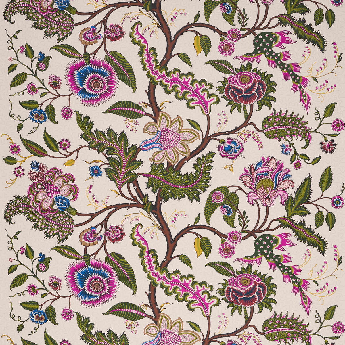 SINHALA SIDEWALL wallpaper in Jewel by Schumacher, featuring a vibrant botanical and floral pattern with intricate details in pink, green, blue, and cream.