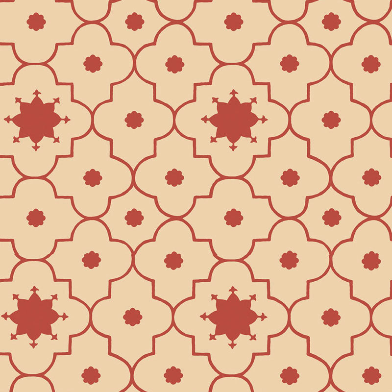 Taj Trellis Pomegranate by Schumacher - geometric trellis wallpaper in red and beige, shown in a styled interior and pattern close-up.