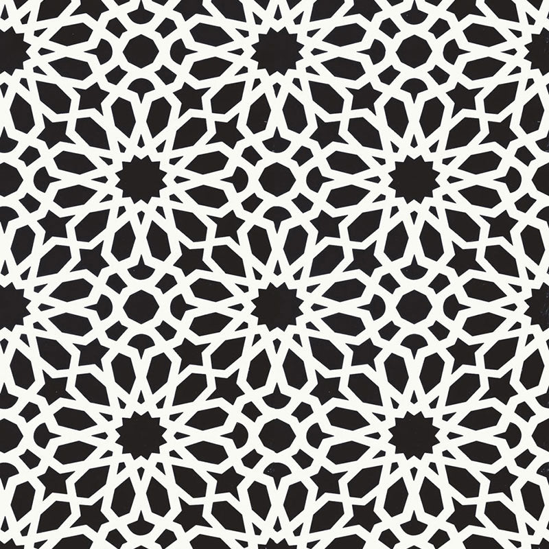 Agadir Screen Noir geometric floral wallpaper by Schumacher, designed by Martyn Lawrence Bullard, shown in a modern interior.