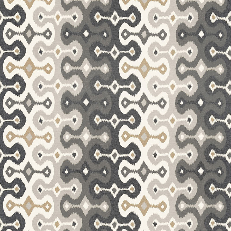 Darya Ikat Sidewall wallpaper in Stone by Schumacher, designed by Martyn Lawrence Bullard, shown in a modern interior setting.