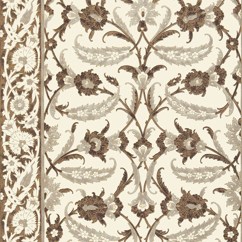 Topkapi Sepia wallpaper by Schumacher featuring an Ottoman-inspired floral pattern in sepia tones.