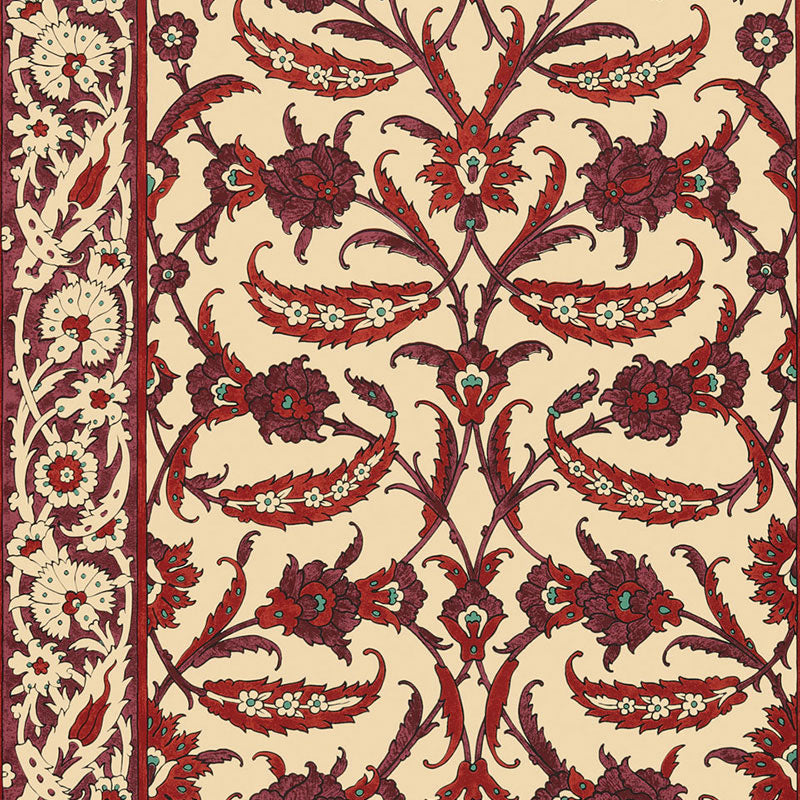 Topkapi Pomegranate wallpaper by Schumacher featuring an Ottoman-inspired floral and vine pattern in rich reds and creams, shown in a restaurant interior and close-up.