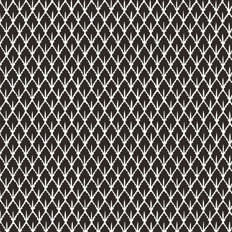 Mughal Leaf Noir wallpaper by Schumacher, designed by Martyn Lawrence Bullard. Black and white tightly patterned leaf print.