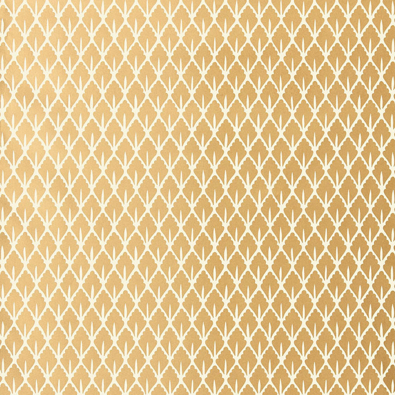 Mughal Leaf wallpaper in Burnished Gilt by Schumacher, designed by Martyn Lawrence Bullard. Tightly patterned leaf print in gold and cream.