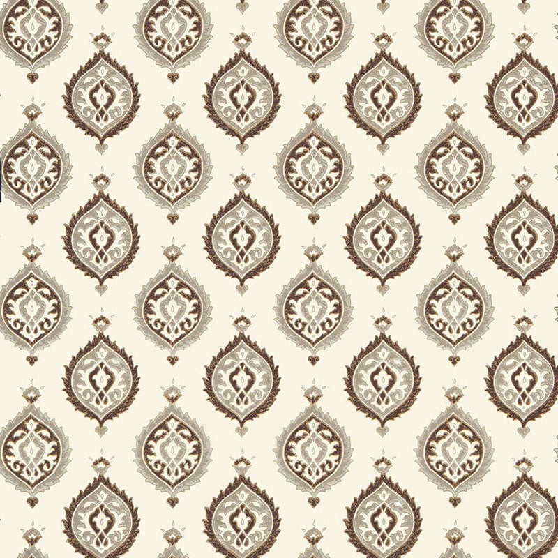 Samovar Sepia wallpaper by Schumacher featuring a traditional damask pattern in a sepia colorway, styled in an elegant interior.