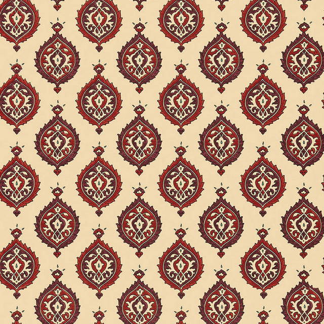 Samovar wallpaper in Pomegranate by Schumacher, featuring a traditional medallion pattern in rich red and cream tones.