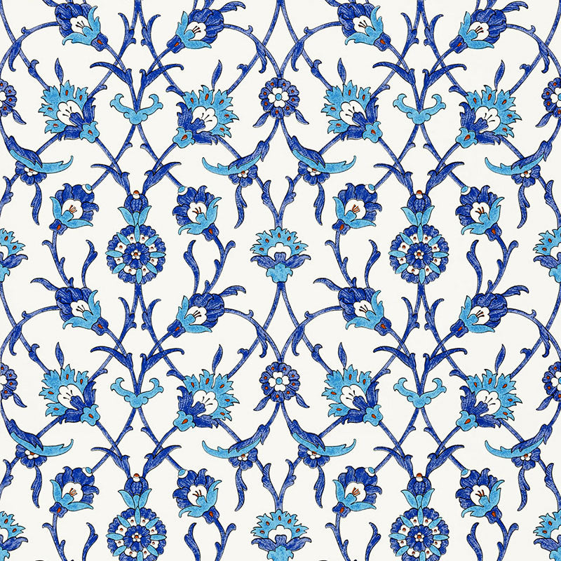 SULTAN'S TRELLIS wallpaper in Peacock blue by Schumacher, featuring an intricate Ottoman-inspired trellis floral pattern.