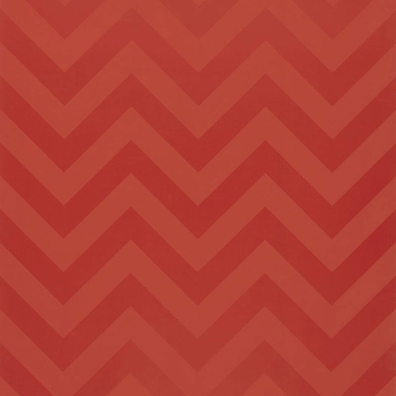 FEZ Pomegranate chevron stripe wallpaper by Schumacher, designed by Martyn Lawrence Bullard, shown in a bold red and a black-and-white interior setting.