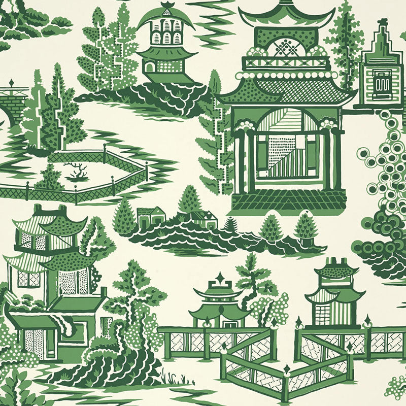 NANJING Jade wallpaper by Schumacher featuring a green and white chinoiserie pagoda and landscape pattern.