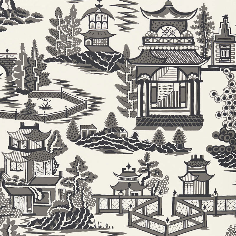 NANJING Smoke by Schumacher - Chinoiserie scenic wallpaper in smoke gray and white, pagoda and landscape pattern.
