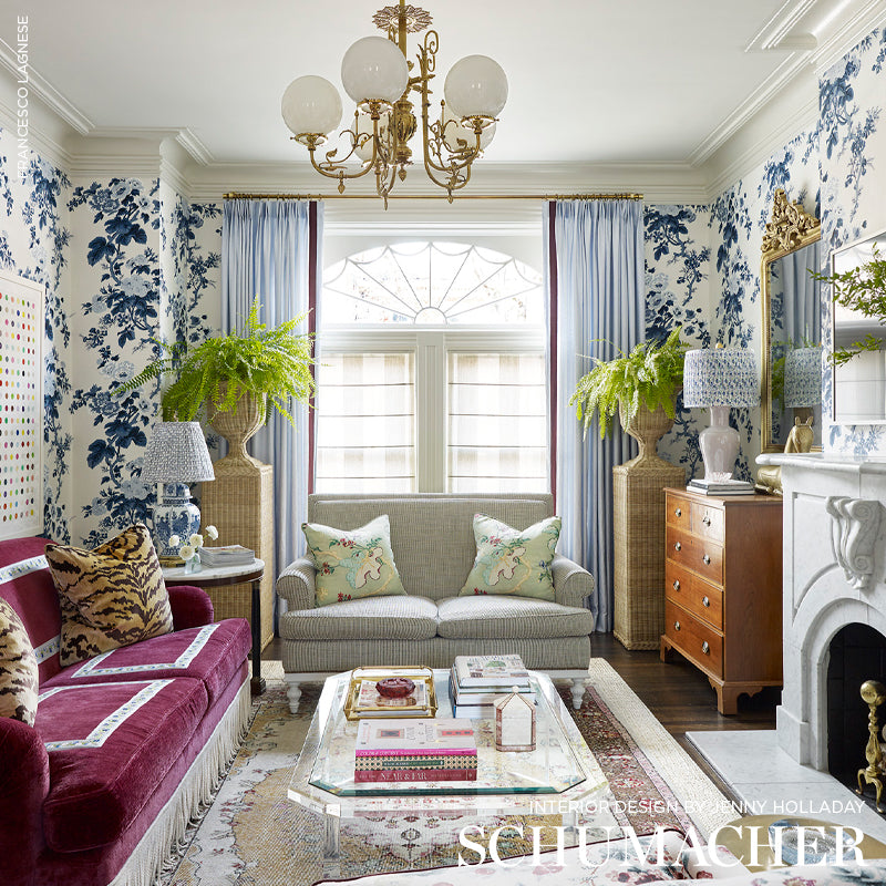 Pyne Hollyhock Indigo by Schumacher Hand-Screened Floral Chintz Wallpaper – Schumacher 5006922
