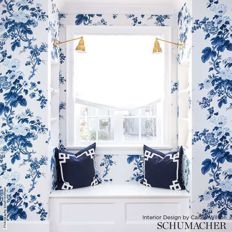 Pyne Hollyhock Indigo by Schumacher Hand-Screened Floral Chintz Wallpaper – Schumacher 5006922