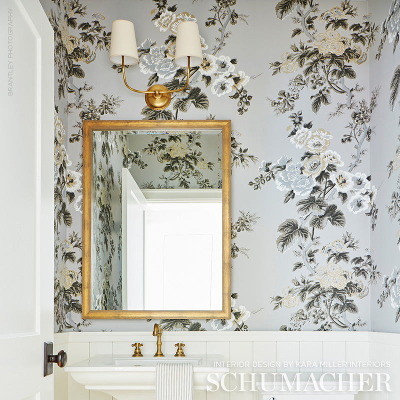 Pyne Hollyhock Grisaille by Schumacher Iconic Hand-Screened Floral Wallpaper – Schumacher 5006923