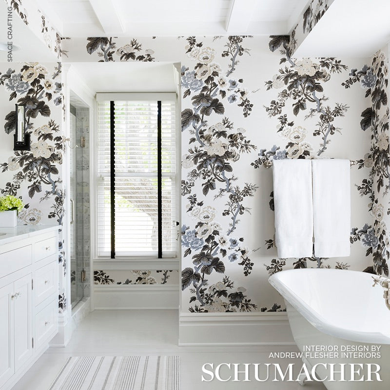 Pyne Hollyhock Grisaille by Schumacher Iconic Hand-Screened Floral Wallpaper – Schumacher 5006923