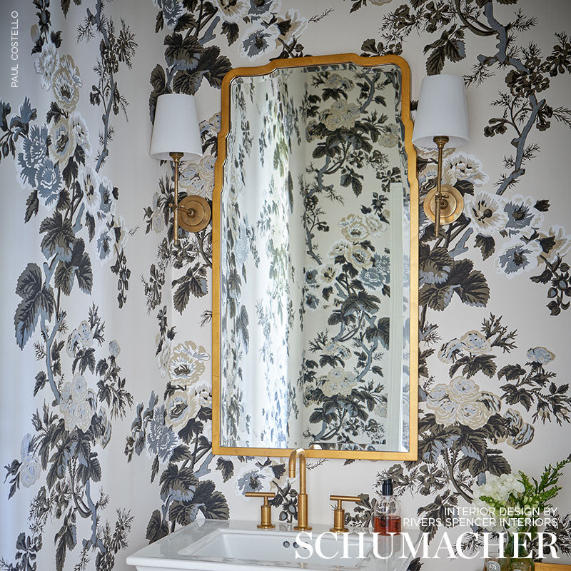 Pyne Hollyhock Grisaille by Schumacher Iconic Hand-Screened Floral Wallpaper – Schumacher 5006923