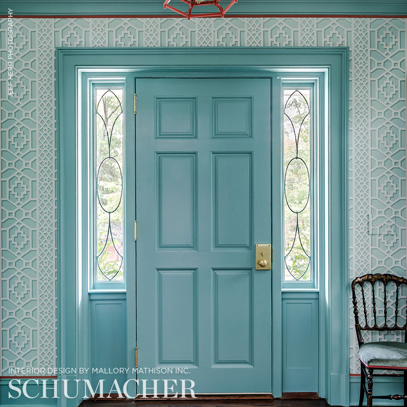 Zanzibar Trellis Winter Mint by Schumacher Geometric Trellis Wallpaper – Schumacher 5006942