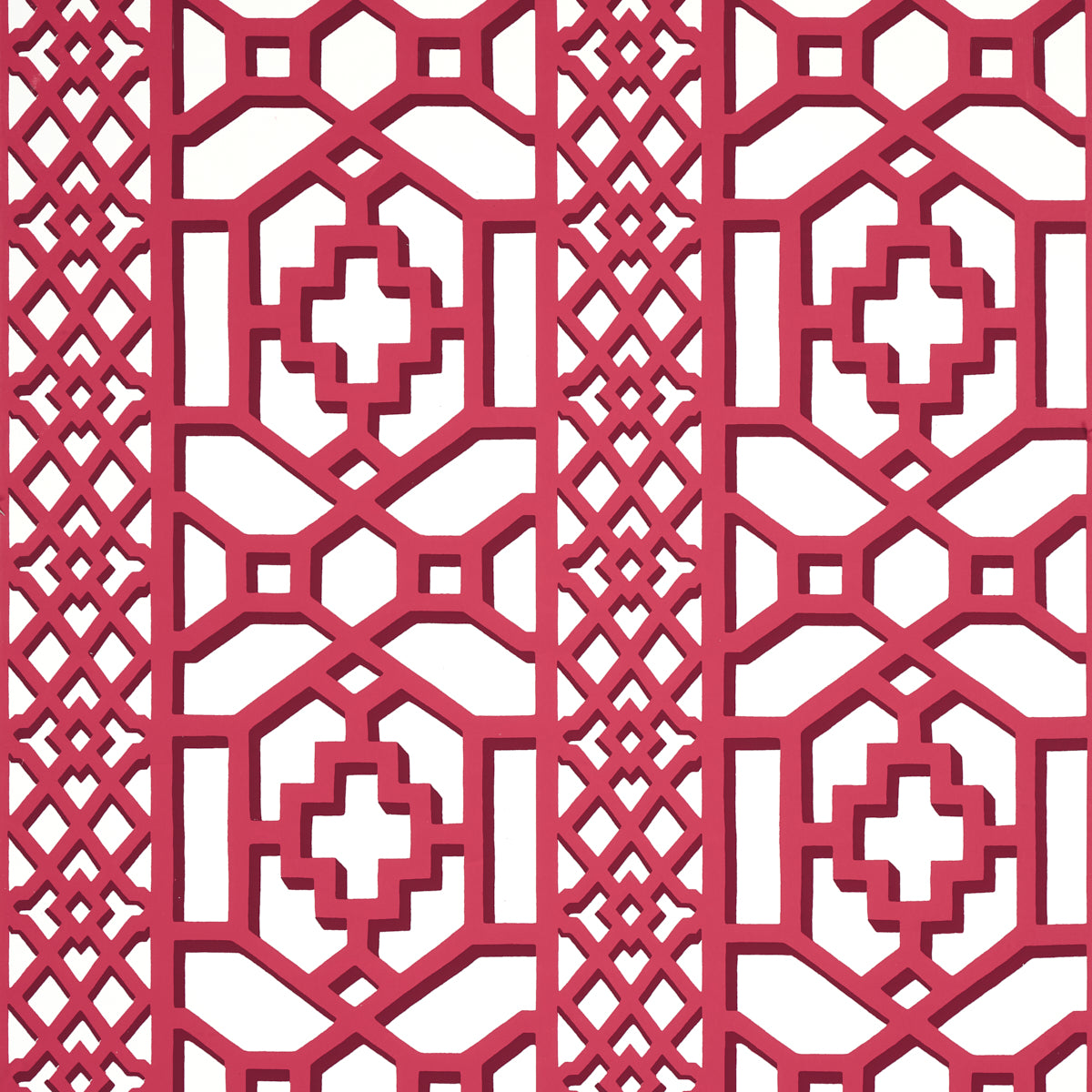 Zanzibar Trellis lacquer red geometric fretwork wallpaper by Schumacher shown in a kitchen interior and close-up views.