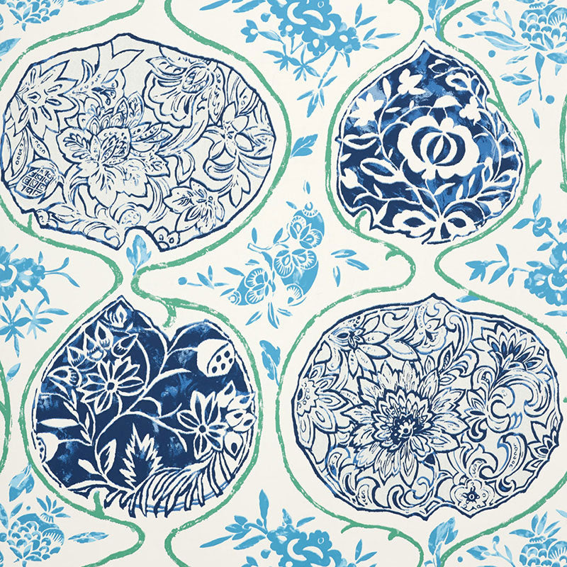 KATSUGI wallpaper in cobalt and turquoise by Schumacher, featuring large-scale medallion motifs with intricate floral patterns.