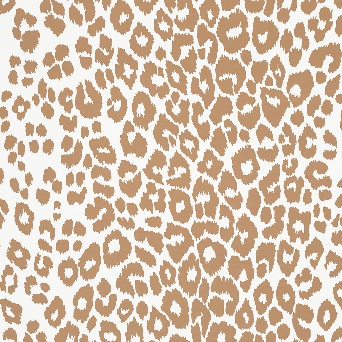 Iconic Leopard wallpaper in camel by Schumacher, featuring a bold animal print pattern in tan and white.