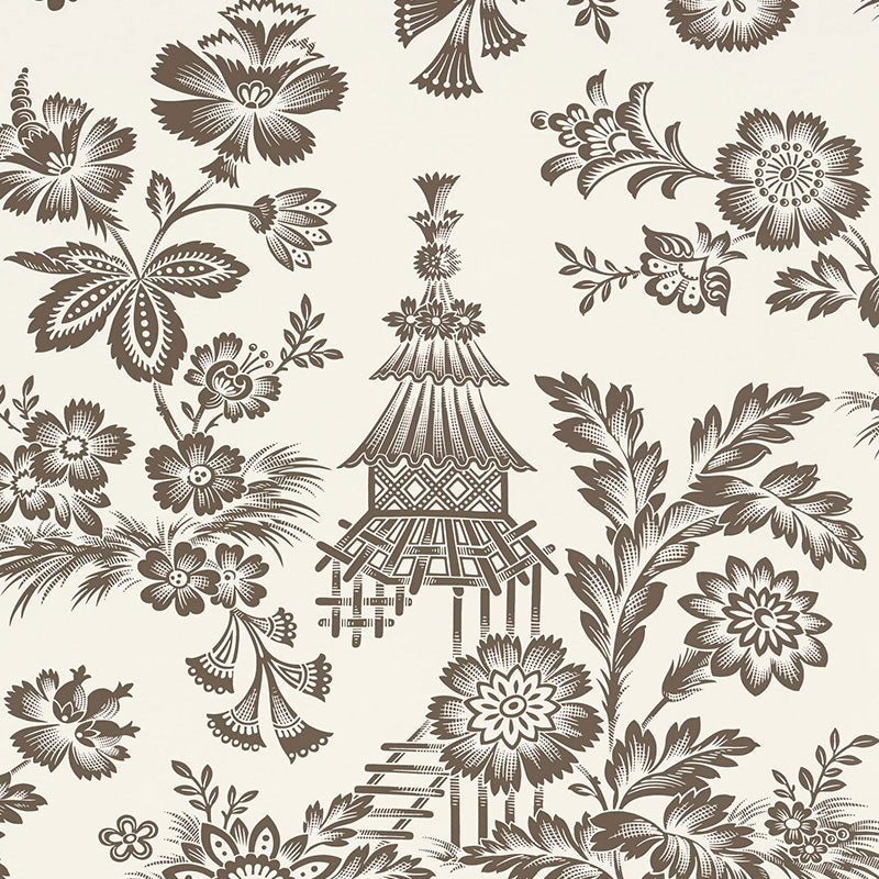 Song Garden wallpaper in cocoa, a chic graphic flower-and-pagoda pattern inspired by an 18th-century French document, by Schumacher.