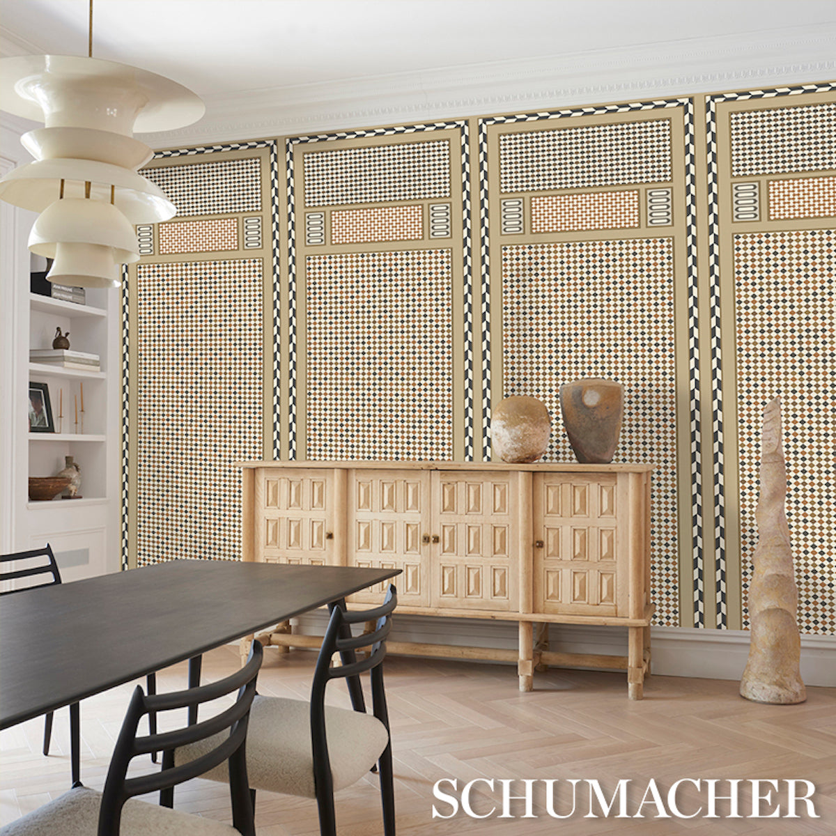 ROBINCHON PANEL A Brown by Schumacher CLUB CAVALIER Geometric Wallpaper Panel – Schumacher 5007100