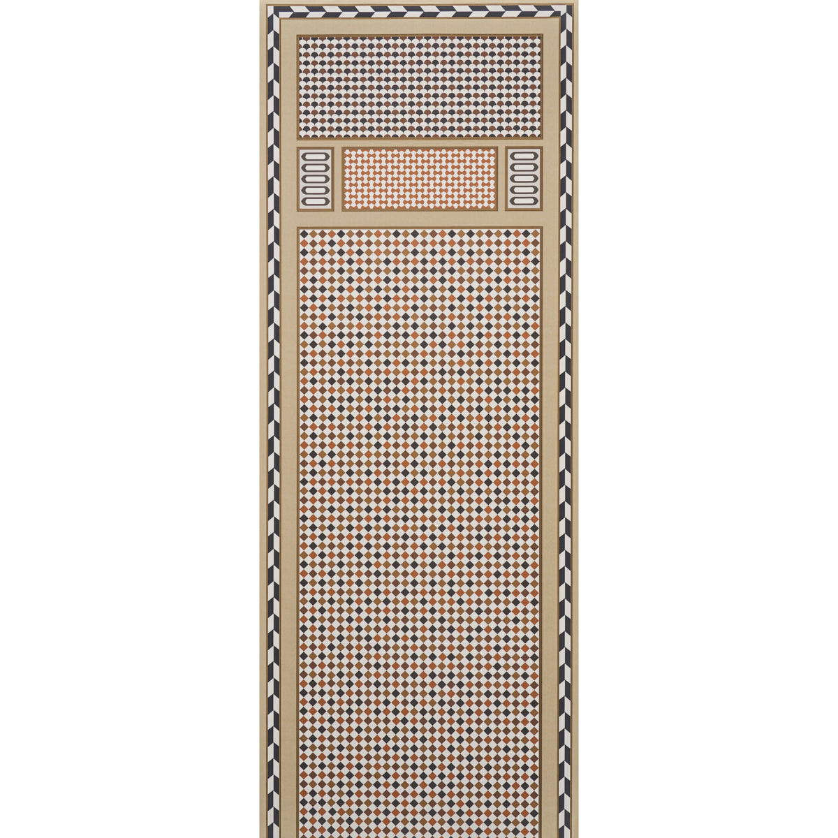 ROBINCHON PANEL B wallpaper panel in brown geometric pattern from Schumacher's CLUB CAVALIER collection, shown in a modern interior setting.