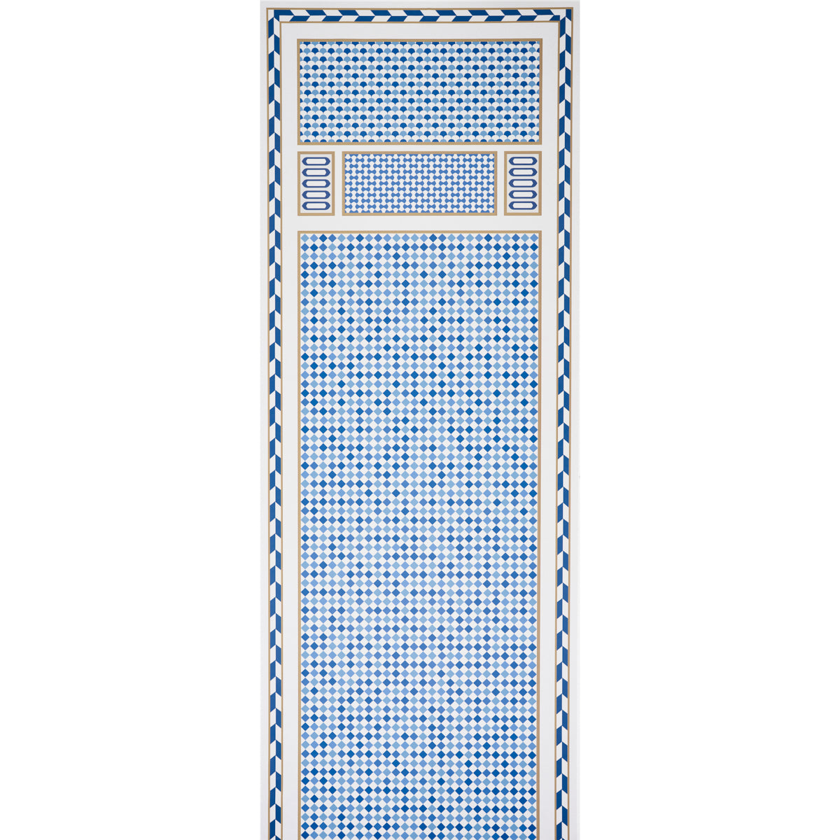 ROBINCHON PANEL B in blue geometric pattern from Schumacher Club Cavalier collection, wallcovering panel.