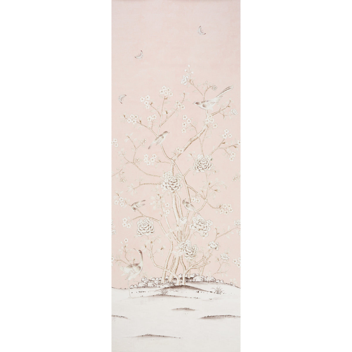 Chinois Palais Panel wallpaper in Blush Conch by Mary McDonald for Schumacher, featuring exotic birds and cherry blossoms on a soft pink background.