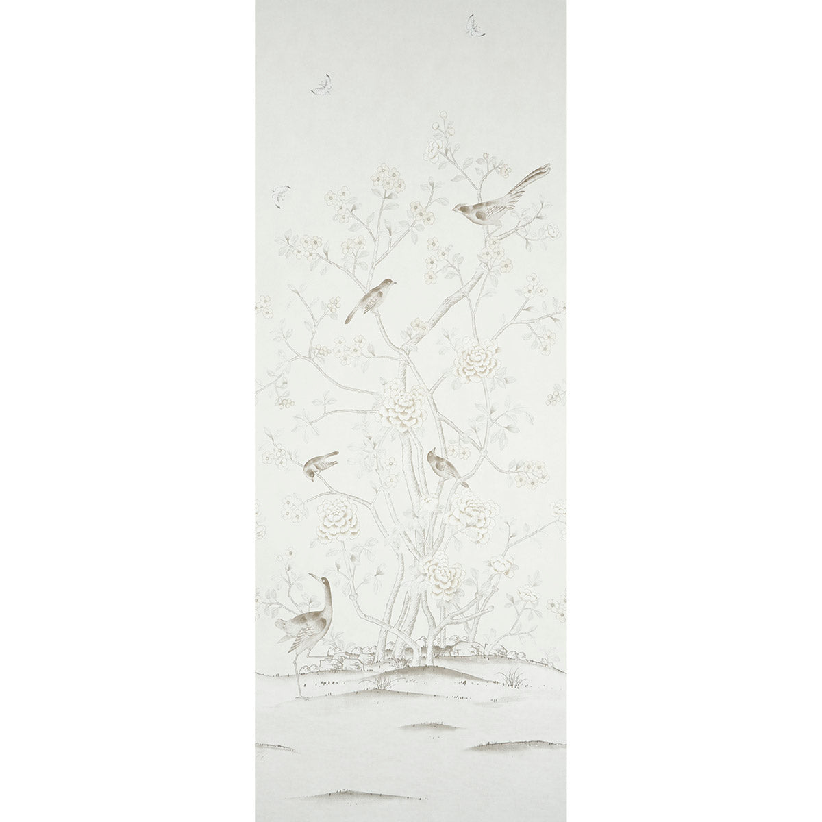 Chinois Palais Panel wallpaper in neutral by Schumacher, featuring exotic birds and cherry blossoms in a Chinoiserie style.