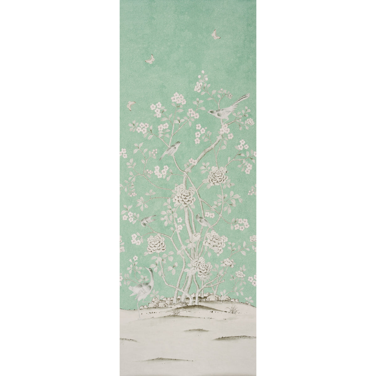Chinois Palais Panel wallpaper in aquamarine with Chinoiserie floral and bird design by Schumacher, styled in bedroom and dining room settings.