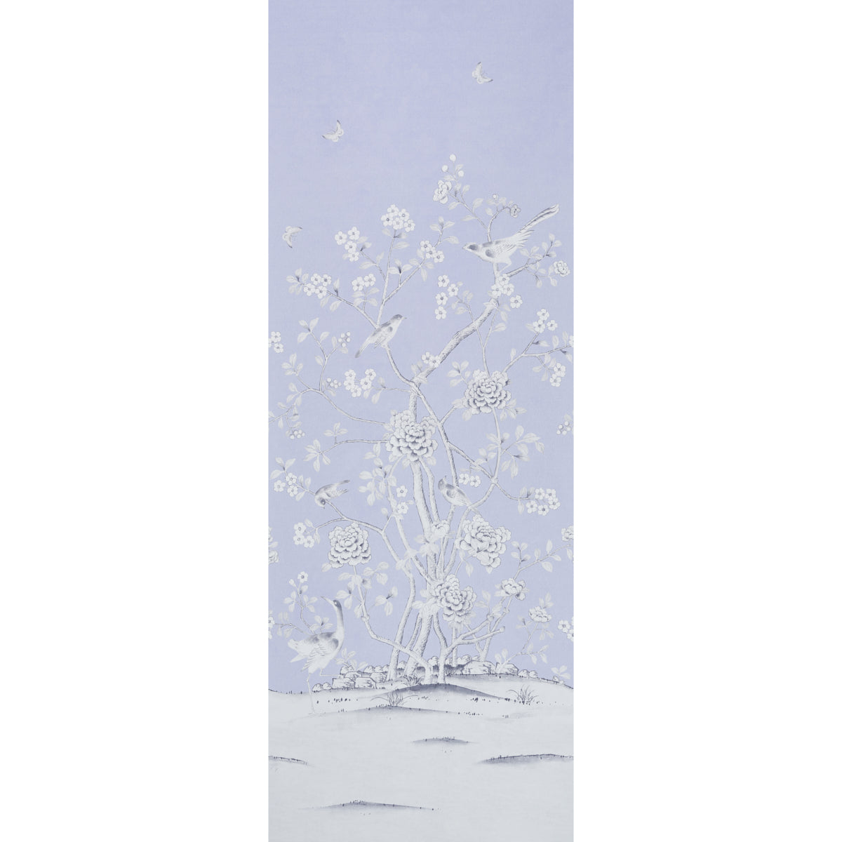 Chinois Palais Panel wallpaper in lavender by Mary McDonald for Schumacher, featuring exotic birds and cherry blossoms in a Chinoiserie style.