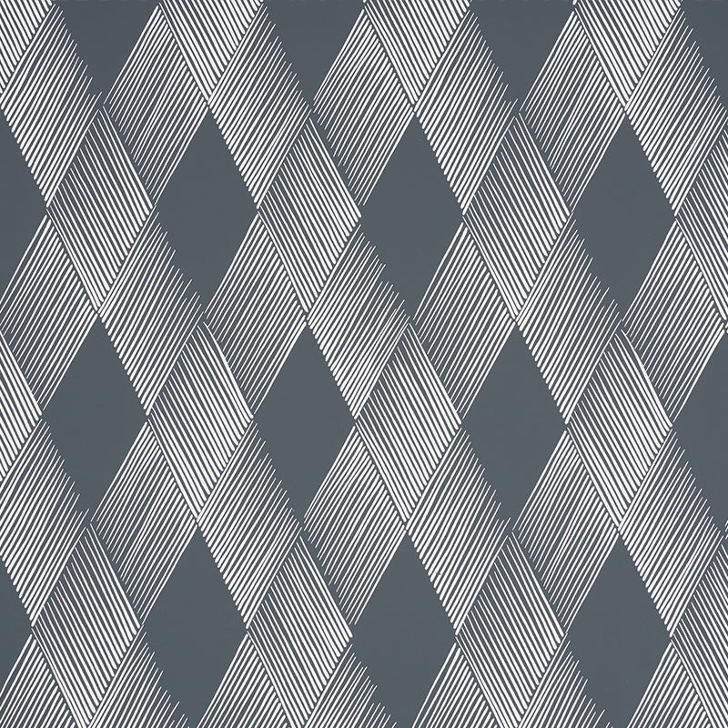 Fetlock Carbon wallpaper from Schumacher's Club Cavalier collection, featuring a modern diamond pattern in dark grey and white.