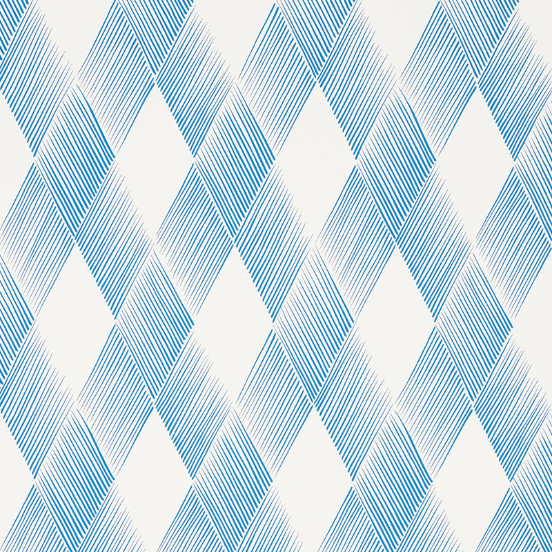 Fetlock blue diamond geometric wallpaper from Schumacher's Club Cavalier collection, shown in a modern interior setting.