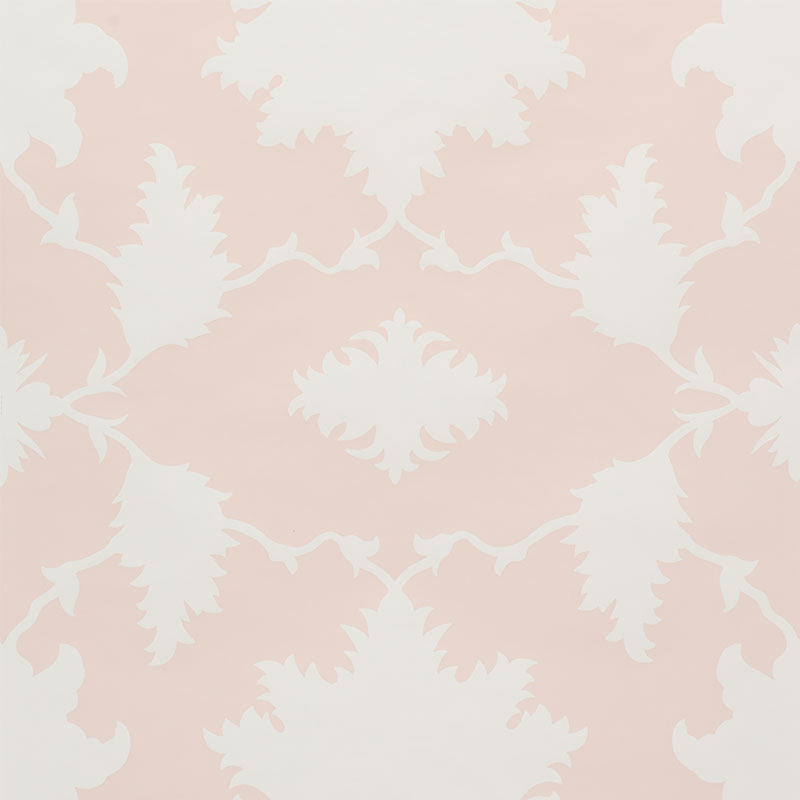 Garden of Persia Petal wallpaper by Mary McDonald for Schumacher, large-scale floral Persian-inspired print in pink and white.