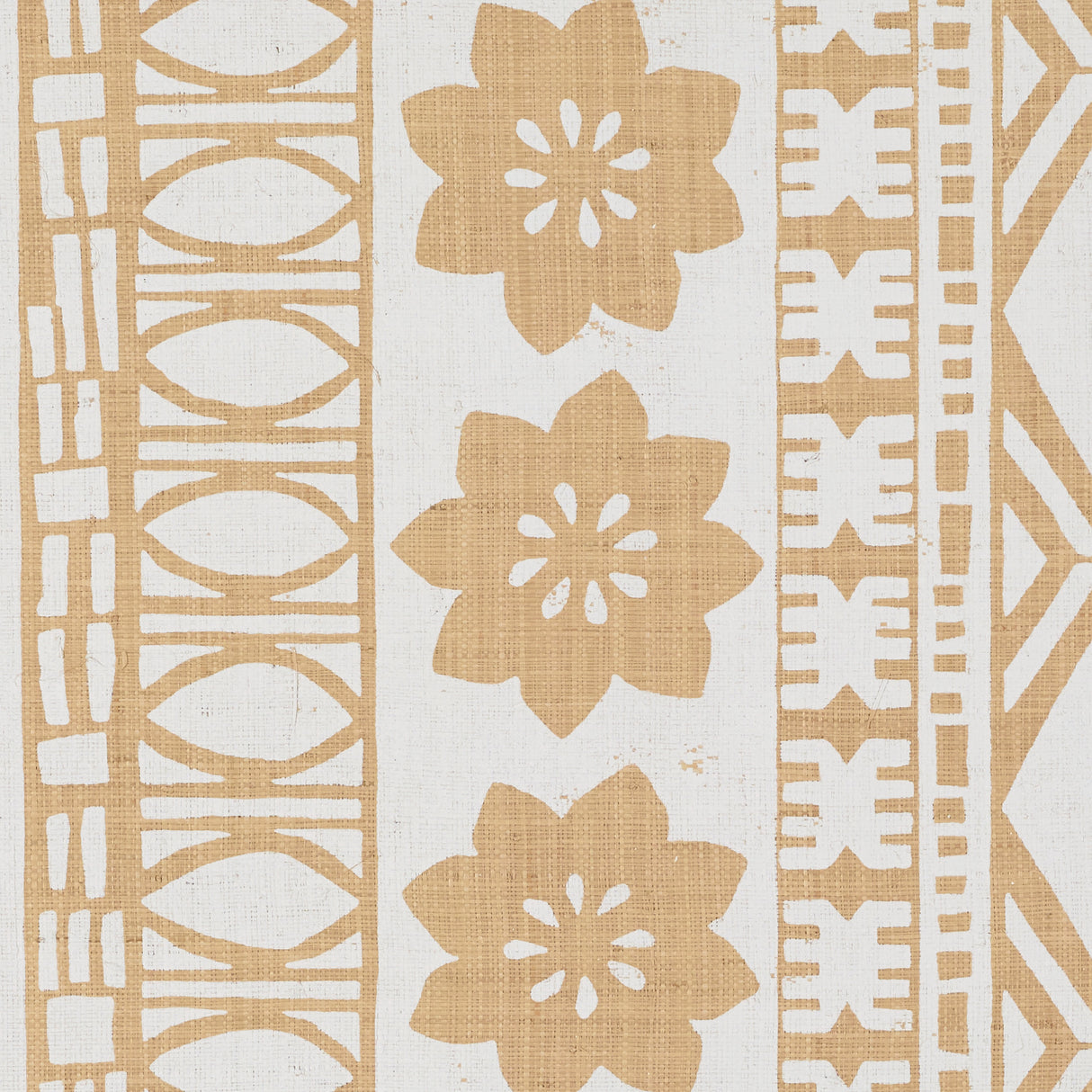 Mrs. Howell wallpaper in Palm by Schumacher, featuring a graphic South Pacific motif in a textured grasscloth style.