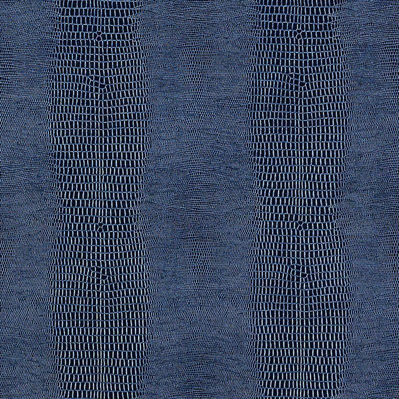 Komodo Prussian blue faux embossed wallpaper by Schumacher shown in a bathroom interior and close-up texture view.