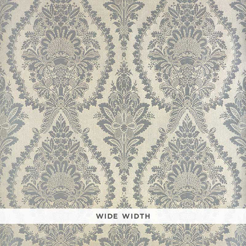 Incandescence Damask wallpaper in Burnished Silver, wide width, dramatic overscale damask pattern by Schumacher.