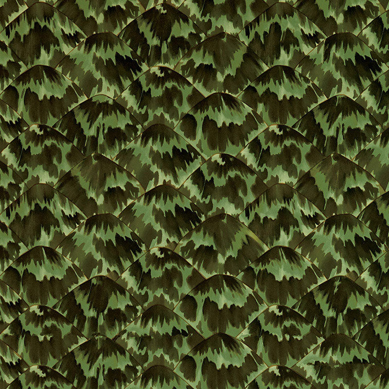 Tortoise Amazon by Celerie Kemble for Schumacher. A green and brown tortoise shell patterned wallpaper shown in a styled interior and as a close-up.