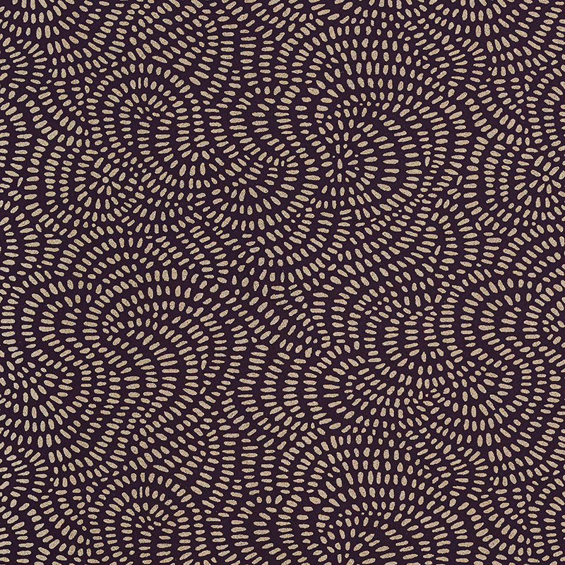 Whirlpool Black Plum geometric wallpaper by Schumacher, featuring a swirling, graphic pattern in a sophisticated colorway.