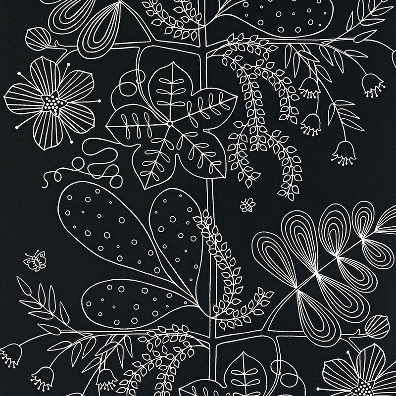 Blommen Ebony wallpaper by Schumacher featuring a whimsical botanical floral pattern in black and white.