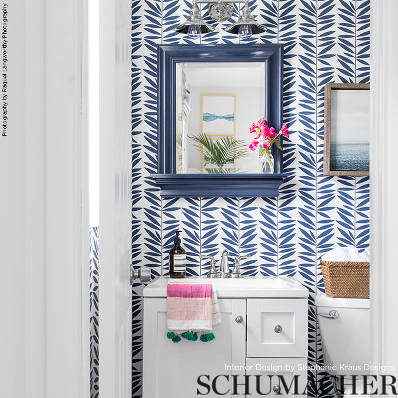 Leaf Stripe Marine by Schumacher Bold Blue Botanical Wallpaper – Schumacher 5007512