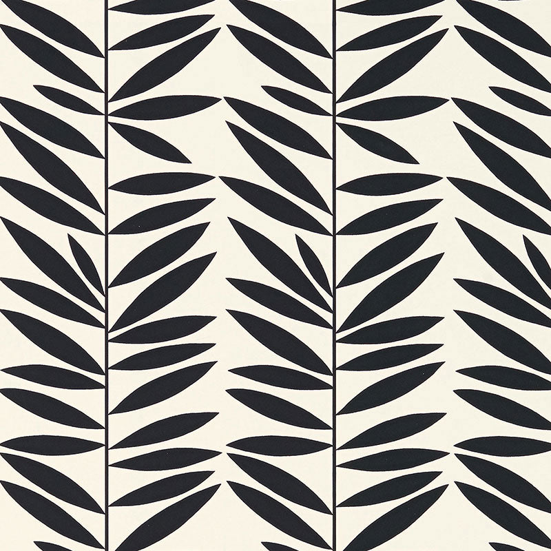 Leaf Stripe Ebony wallpaper by Schumacher featuring bold, graphic black leaf stripes on a white background.