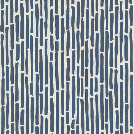 Bamboo Marine wallpaper by Schumacher, a lively and graphic surface-printed wallcovering with a dense bamboo thicket pattern in blue and white.