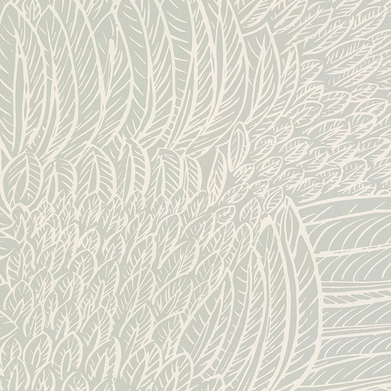 Featherfest Smoke wallpaper by Schumacher featuring a graphic play of stylized feathers in a soft neutral colorway, shown in a modern interior setting.