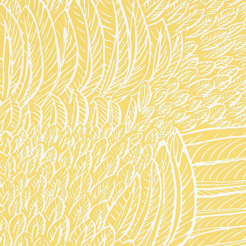 FEATHERFEST wallpaper in citron yellow with a graphic feather pattern, shown in a bathroom interior by Schumacher.